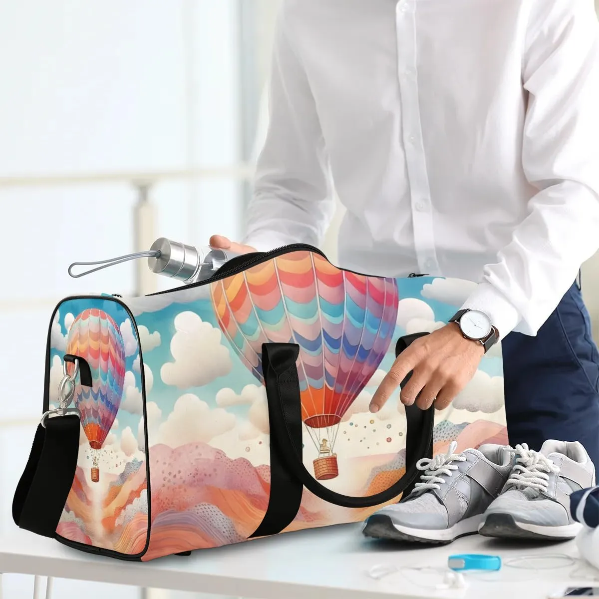 Colorful Hot Air Balloon Travel Duffel Bag for Women Men Waterproof Foldable Overnight Weekender Bag Large Capacity Sports Gym Bag
