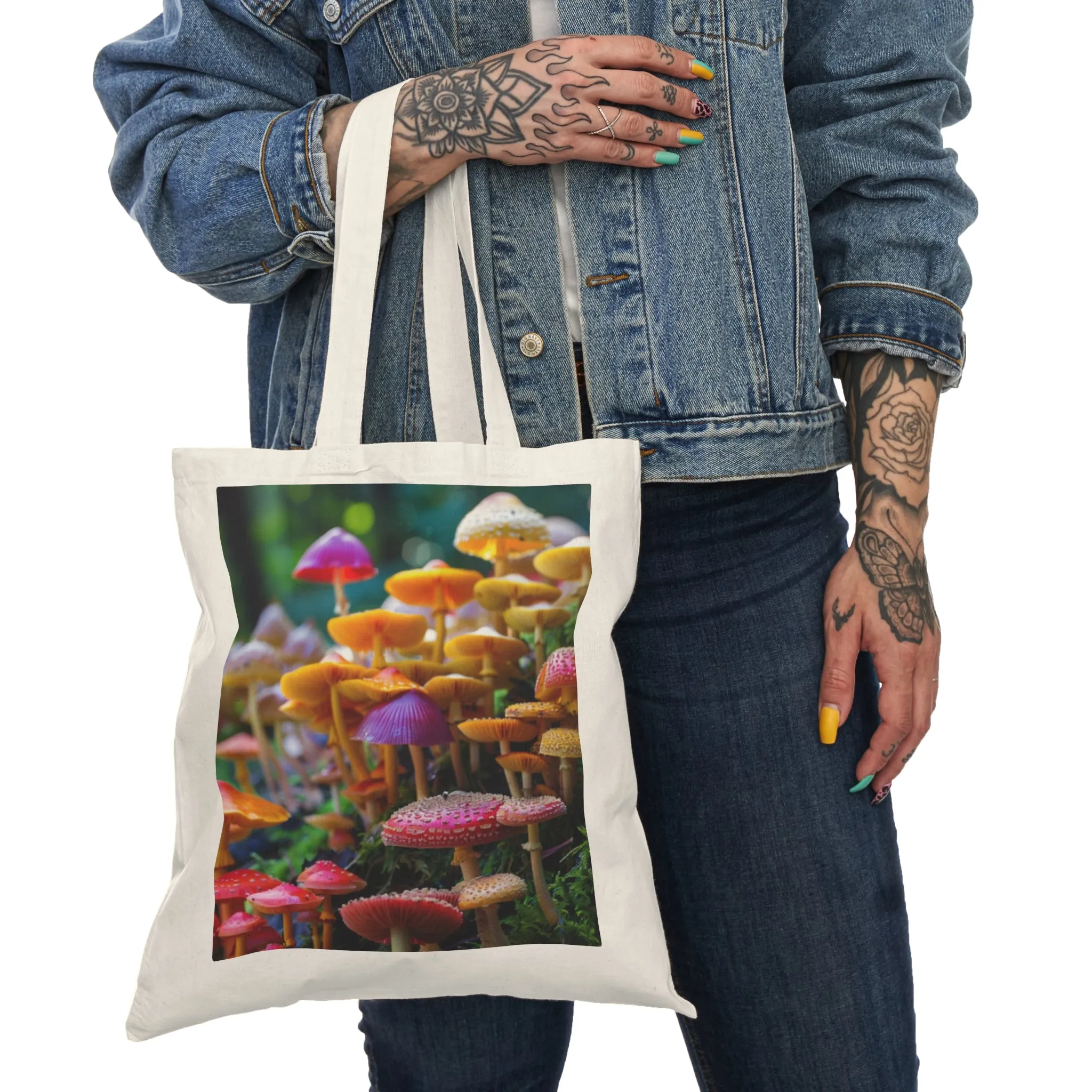 Colorful Mushroom Print Natural Tote Bag | Eco-Friendly Reusable Grocery & Shopping Bag