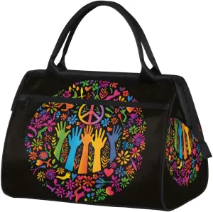 Colorful Peace Sign Flower Weekender Overnight Bag for Women Waterproof Carry On Travel Duffle Bags with Pocket Lightweight Sports Gym Tote Bag Large Luggage Workout Personal Item Hospital Bags