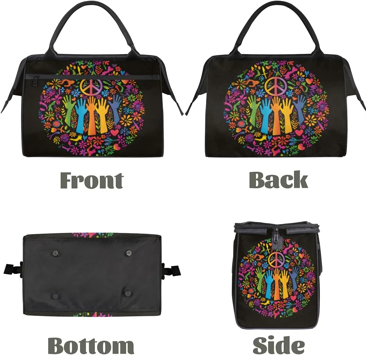 Colorful Peace Sign Flower Weekender Overnight Bag for Women Waterproof Carry On Travel Duffle Bags with Pocket Lightweight Sports Gym Tote Bag Large Luggage Workout Personal Item Hospital Bags