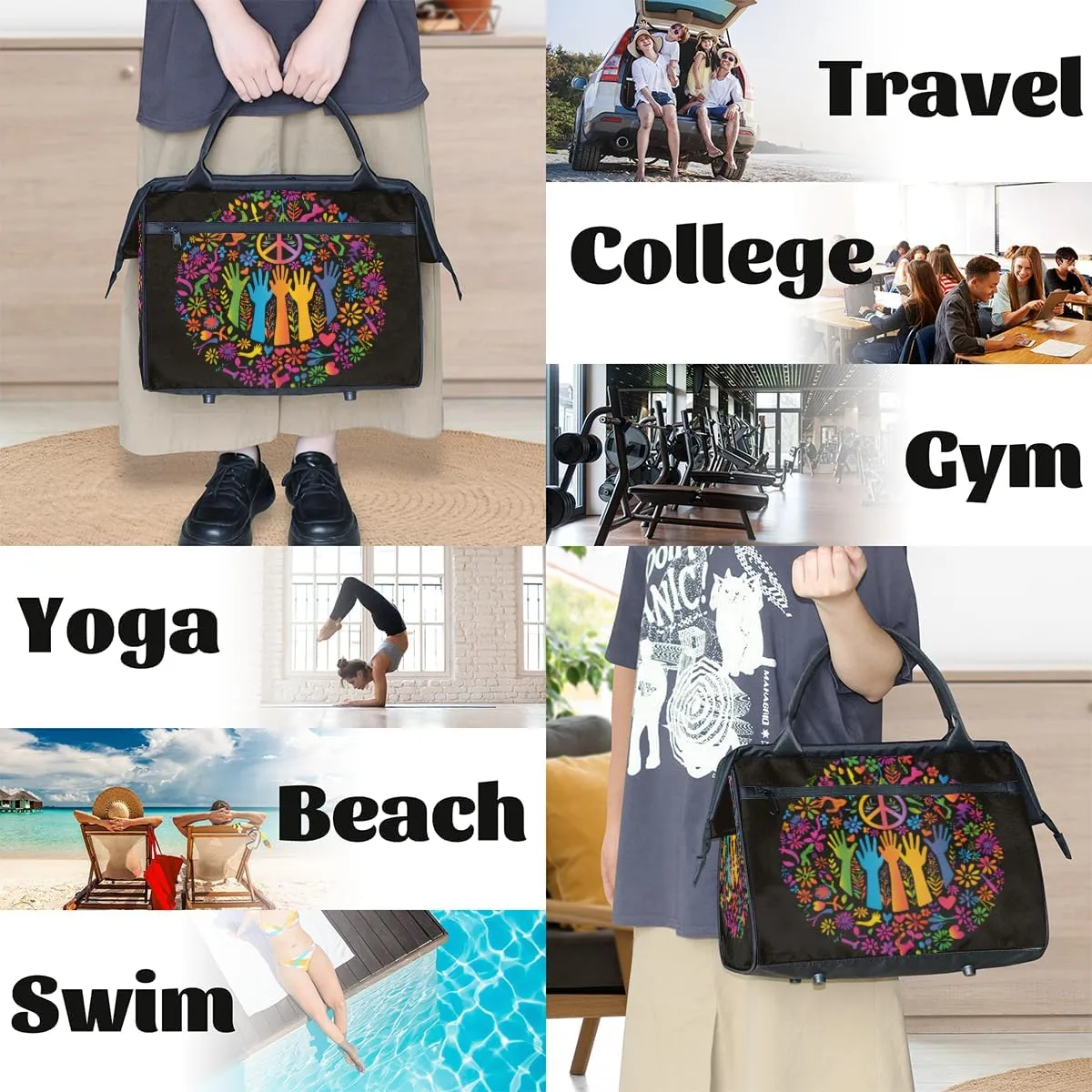 Colorful Peace Sign Flower Weekender Overnight Bag for Women Waterproof Carry On Travel Duffle Bags with Pocket Lightweight Sports Gym Tote Bag Large Luggage Workout Personal Item Hospital Bags