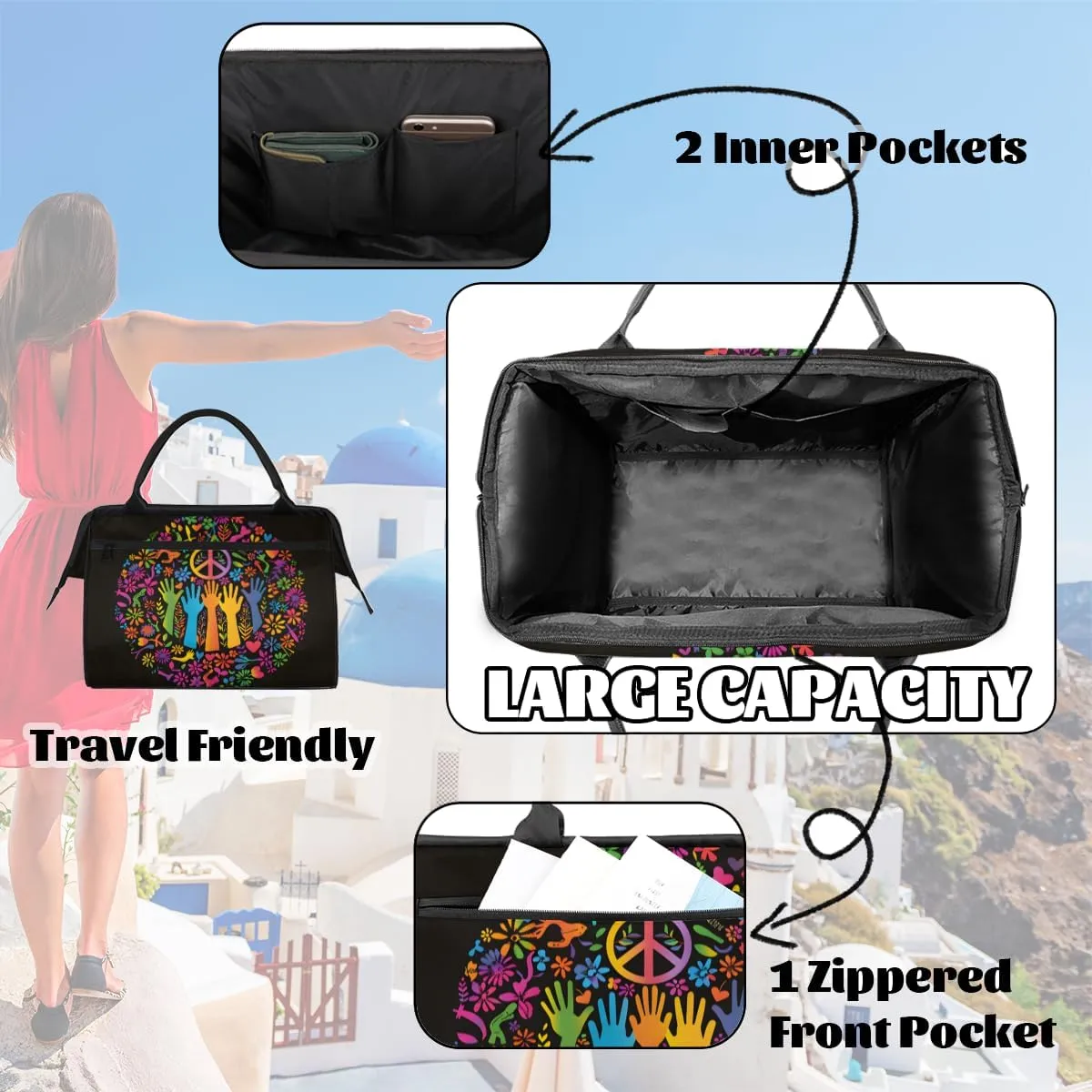 Colorful Peace Sign Flower Weekender Overnight Bag for Women Waterproof Carry On Travel Duffle Bags with Pocket Lightweight Sports Gym Tote Bag Large Luggage Workout Personal Item Hospital Bags