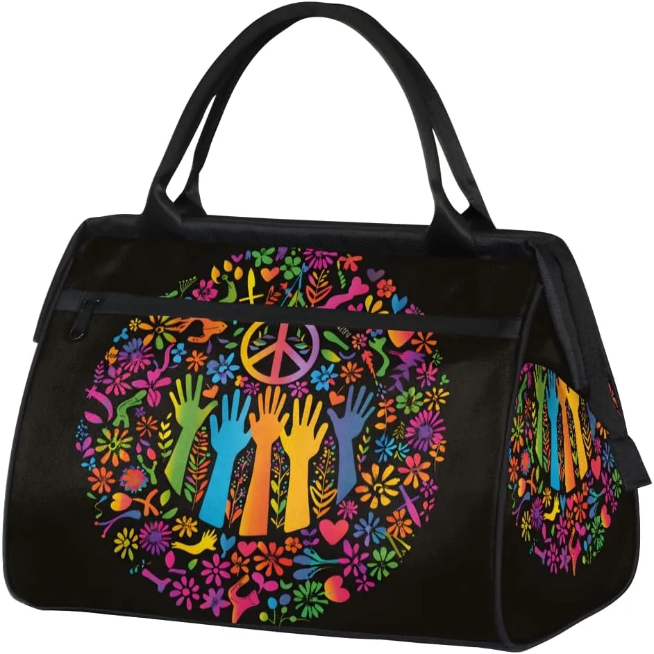 Colorful Peace Sign Flower Weekender Overnight Bag for Women Waterproof Carry On Travel Duffle Bags with Pocket Lightweight Sports Gym Tote Bag Large Luggage Workout Personal Item Hospital Bags