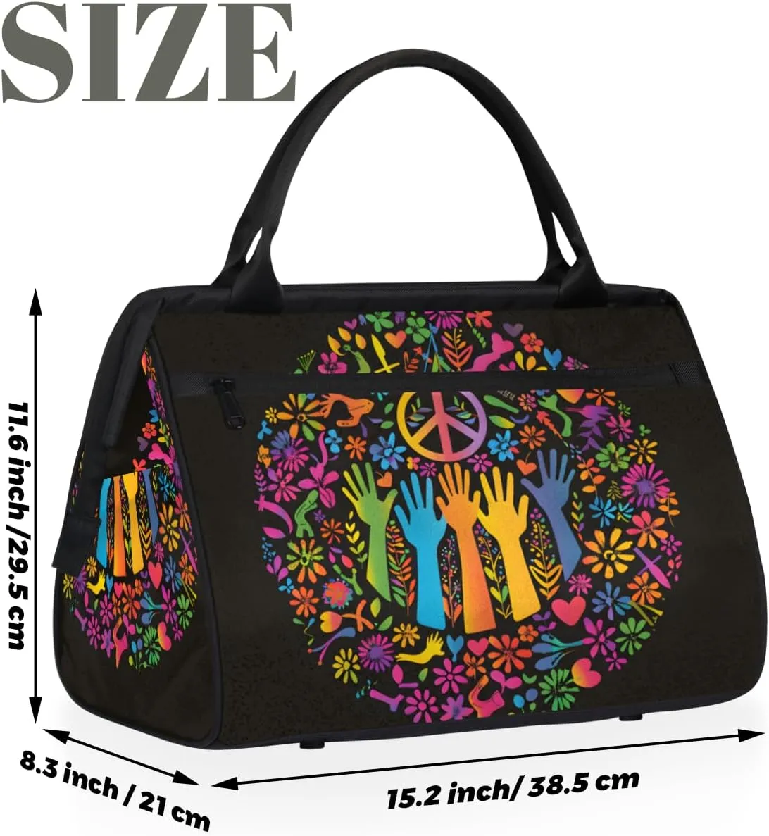 Colorful Peace Sign Flower Weekender Overnight Bag for Women Waterproof Carry On Travel Duffle Bags with Pocket Lightweight Sports Gym Tote Bag Large Luggage Workout Personal Item Hospital Bags