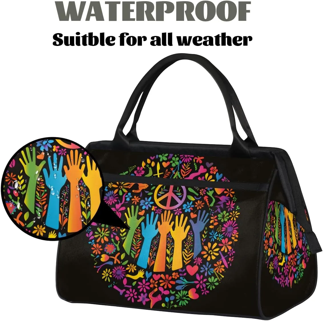 Colorful Peace Sign Flower Weekender Overnight Bag for Women Waterproof Carry On Travel Duffle Bags with Pocket Lightweight Sports Gym Tote Bag Large Luggage Workout Personal Item Hospital Bags