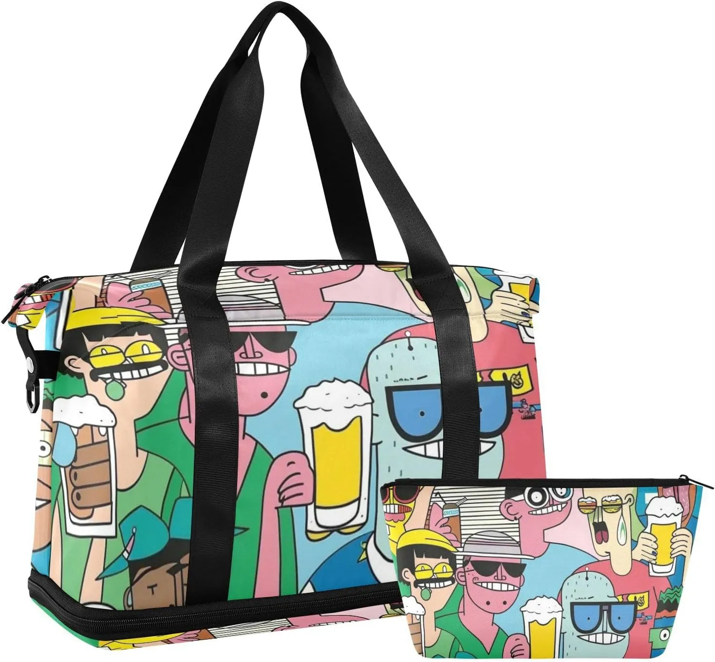 Colorful Strange Friends Travel Tote Bag Overnight Weekender Bags with Toiletry Bag for Trekking Foldable