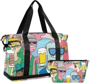 Colorful Strange Friends Travel Tote Bag Overnight Weekender Bags with Toiletry Bag for Trekking Foldable