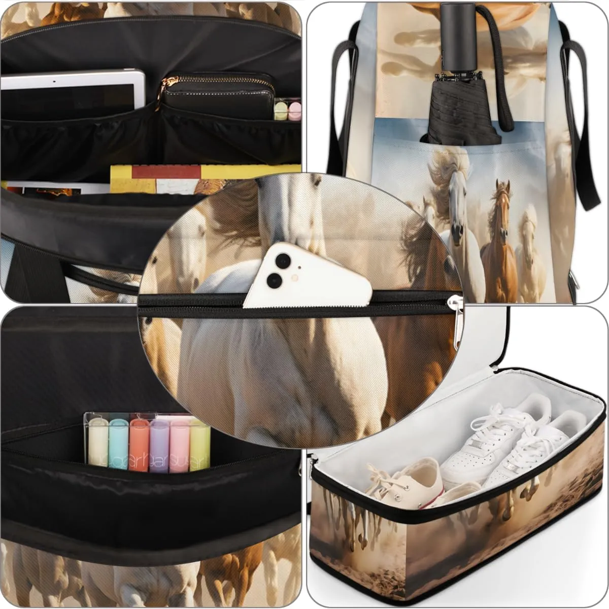 Cool Running Horse Foldable Travel Duffel Bag Overnight Weekender Bag with Shoes Compartment Sports Gym Bag for Men Women