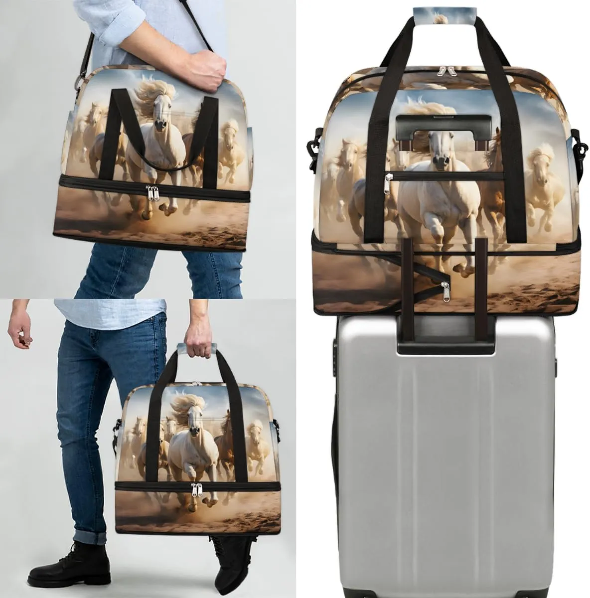 Cool Running Horse Foldable Travel Duffel Bag Overnight Weekender Bag with Shoes Compartment Sports Gym Bag for Men Women