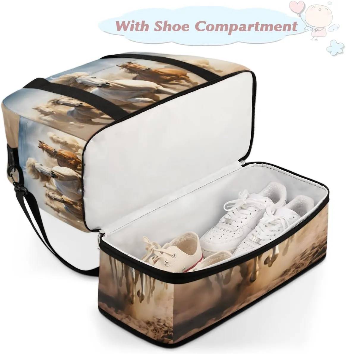 Cool Running Horse Foldable Travel Duffel Bag Overnight Weekender Bag with Shoes Compartment Sports Gym Bag for Men Women