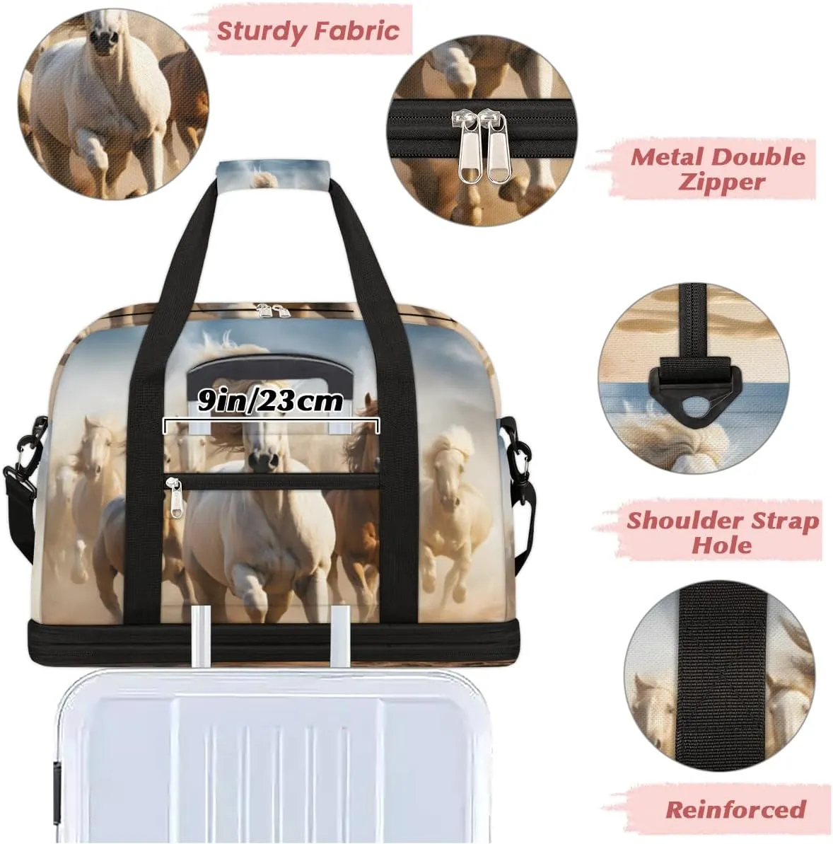 Cool Running Horse Foldable Travel Duffel Bag Overnight Weekender Bag with Shoes Compartment Sports Gym Bag for Men Women