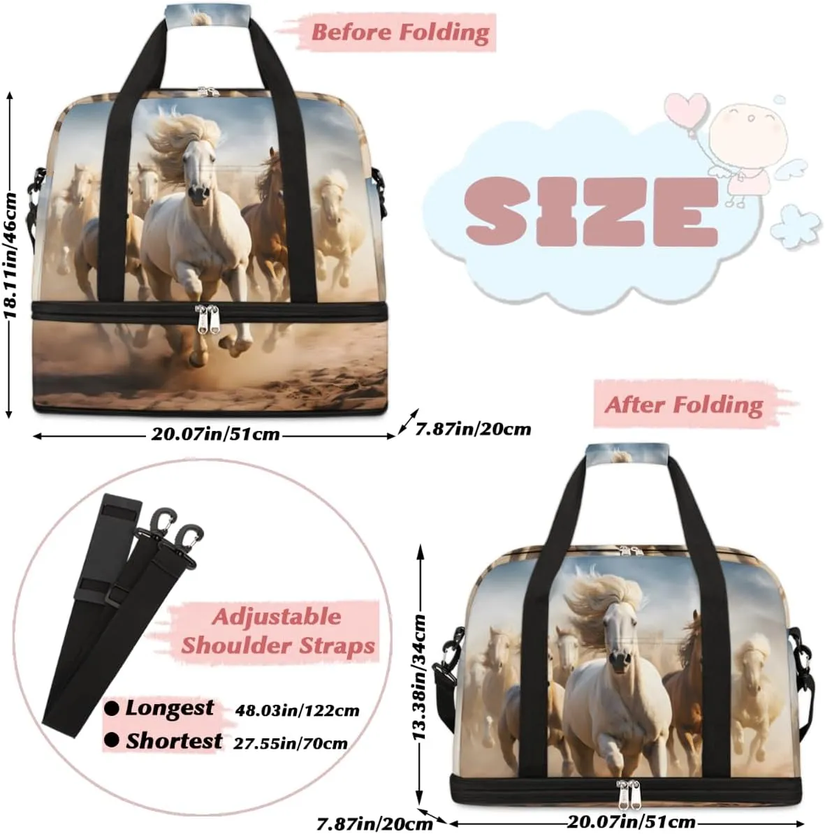 Cool Running Horse Foldable Travel Duffel Bag Overnight Weekender Bag with Shoes Compartment Sports Gym Bag for Men Women