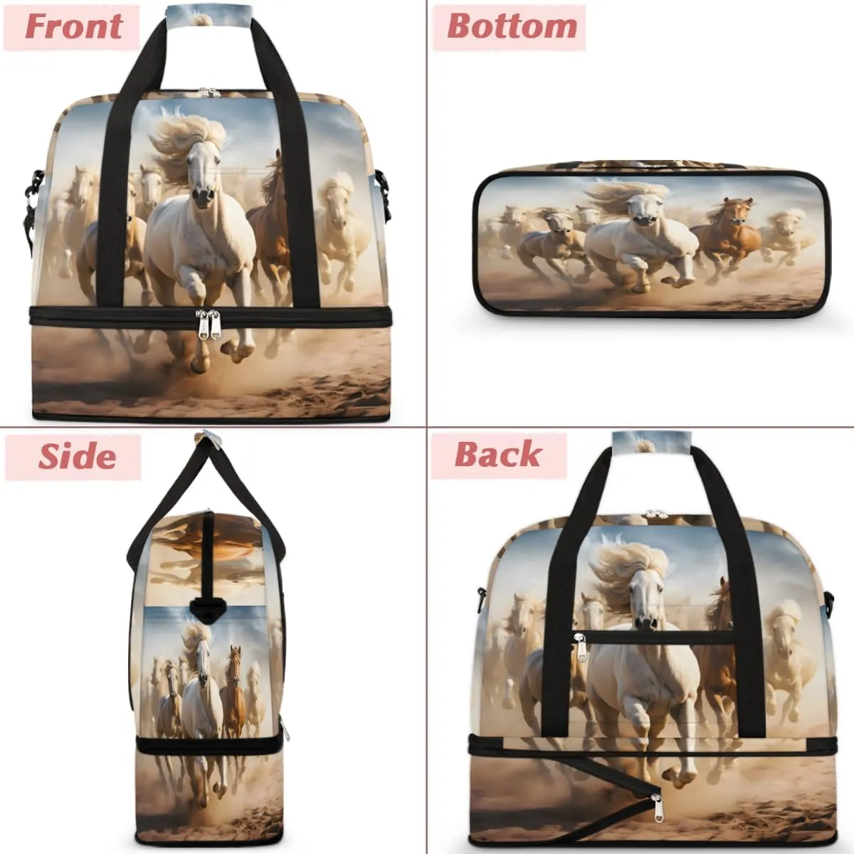 Cool Running Horse Foldable Travel Duffel Bag Overnight Weekender Bag with Shoes Compartment Sports Gym Bag for Men Women