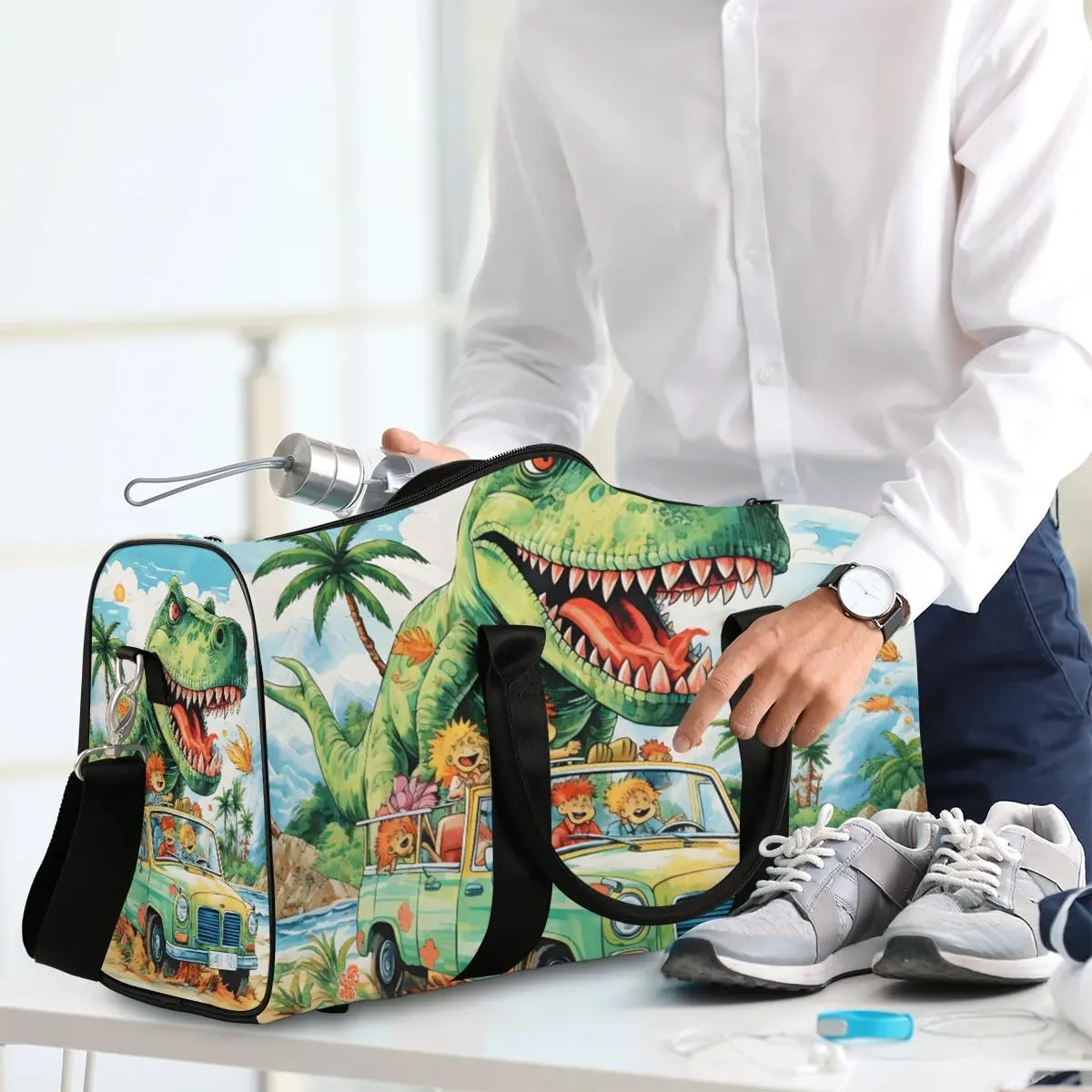 Cool T Rex Dinosaur Travel Duffel Bag for Women Men Waterproof Foldable Overnight Weekender Bag Large Capacity Sports Gym Bag