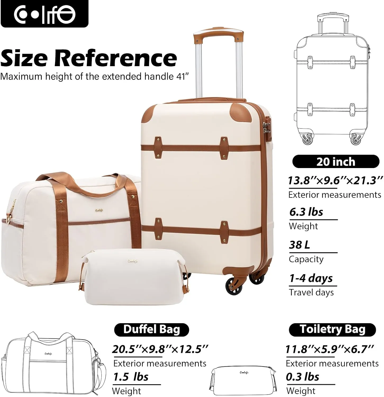 Coolife Luggage Set 3 Piece Suitcase Set Carry On Luggage PC Hardside Luggage TSA Lock Spinner Wheels Telescopic Handle
