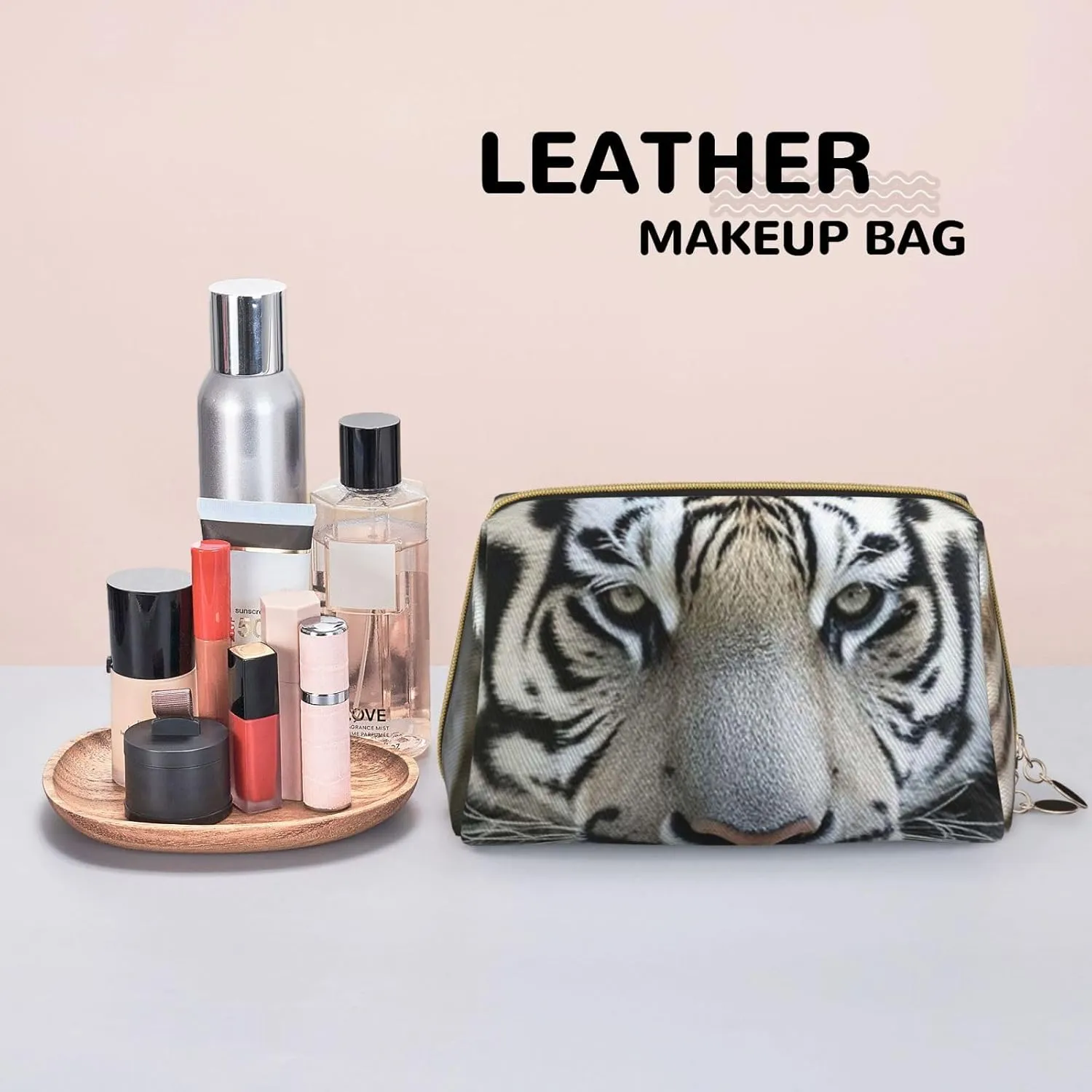 Cosmetic Bag Travel Makeup Bag Waterproof Toiletry Pouch Portable Wide Open Pouch Chickens and Farm Makeup Organizer Case Large Capacity Zipper Pouch Toiletry Bag for Women, Black and White Tiger, One