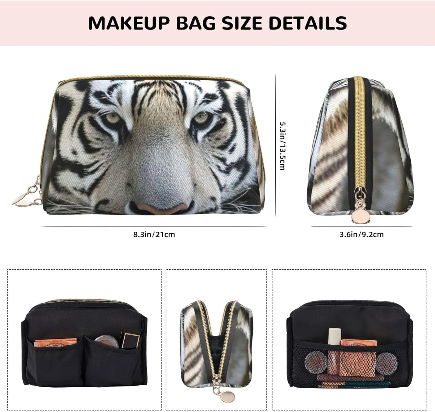 Cosmetic Bag Travel Makeup Bag Waterproof Toiletry Pouch Portable Wide Open Pouch Chickens and Farm Makeup Organizer Case Large Capacity Zipper Pouch Toiletry Bag for Women, Black and White Tiger, One