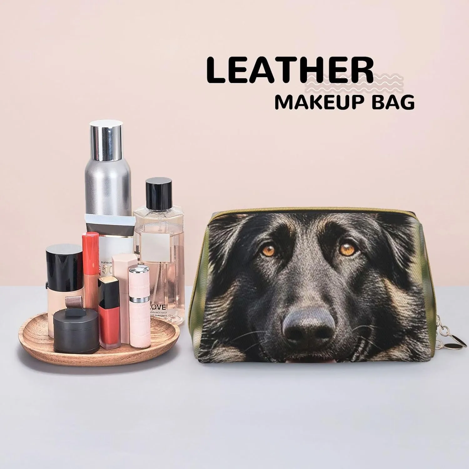 Cosmetic Bag Travel Makeup Bag Waterproof Toiletry Pouch Portable Wide Open Pouch Chickens and Farm Makeup Organizer Case Large Capacity Zipper Pouch Toiletry Bag for Women, Black German Shepherd, One