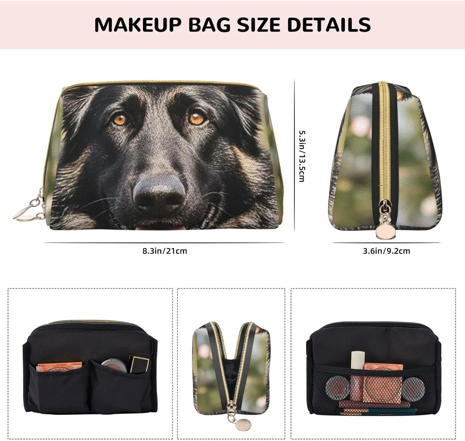 Cosmetic Bag Travel Makeup Bag Waterproof Toiletry Pouch Portable Wide Open Pouch Chickens and Farm Makeup Organizer Case Large Capacity Zipper Pouch Toiletry Bag for Women, Black German Shepherd, One
