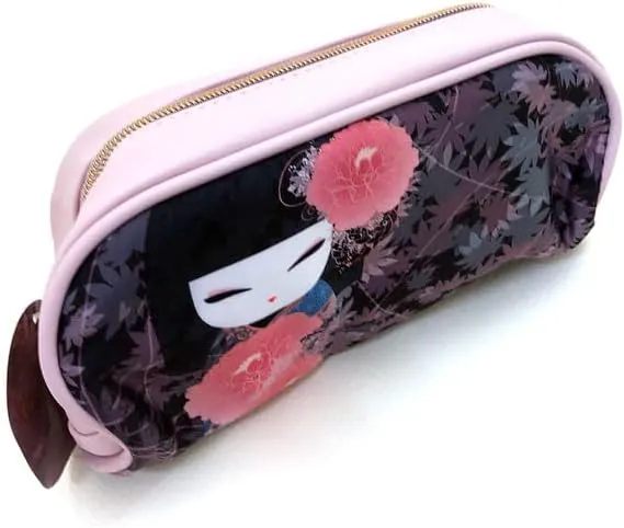 Cosmetic Case, Gift for Women - Kokeshi Doll Floral Pattern Makeup Pouch, Small Item Storage, Fashion Accessory (HARUKO)