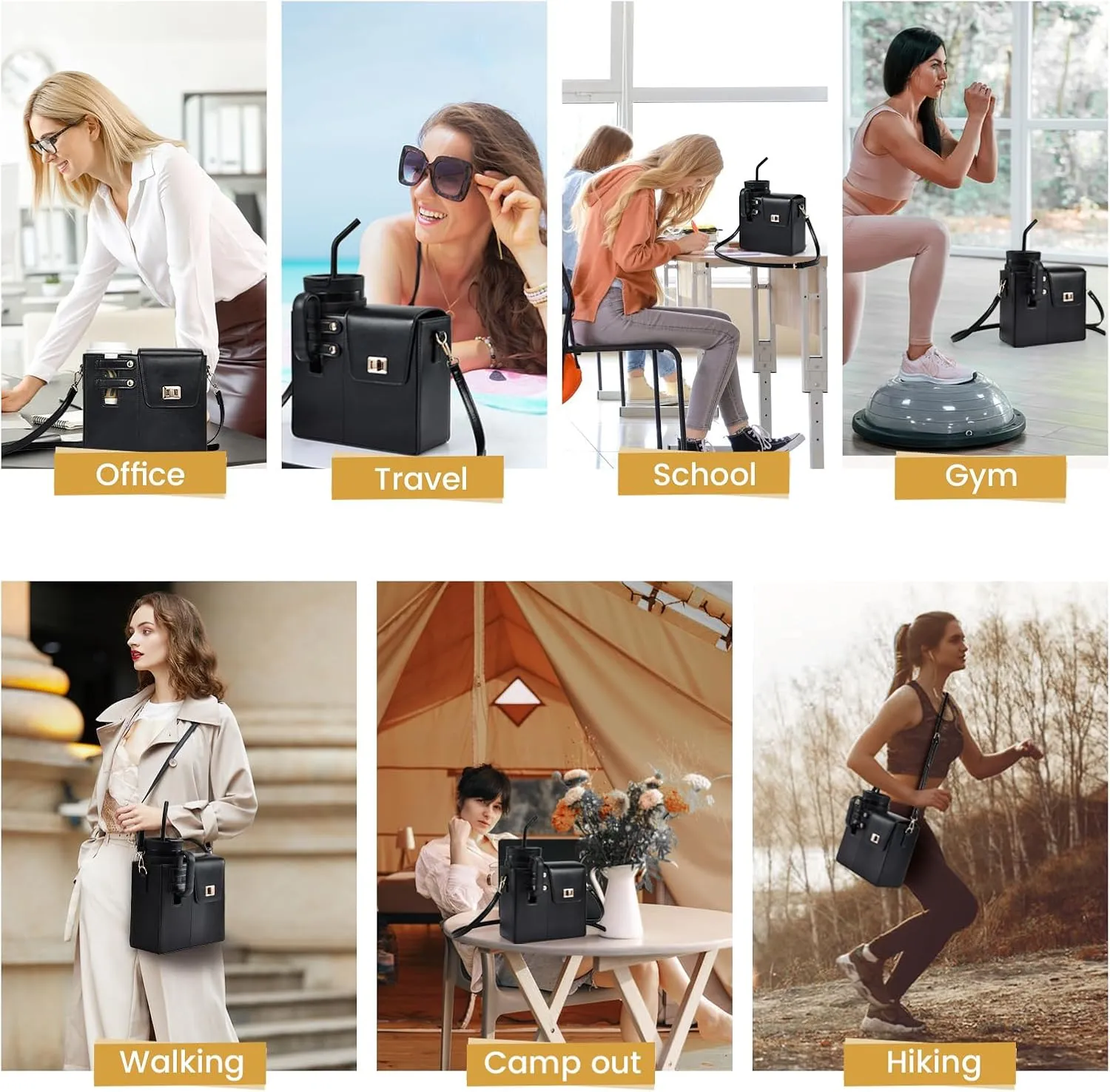 Costravio Outdoor Crossbody Bag Water Cup Storage Sports Bottle Holder Portable Crossbody PU Leather Case Tumbler Purse with Water Bottle Pocket Fits Most Bottles Cup Carrier Bag for Women