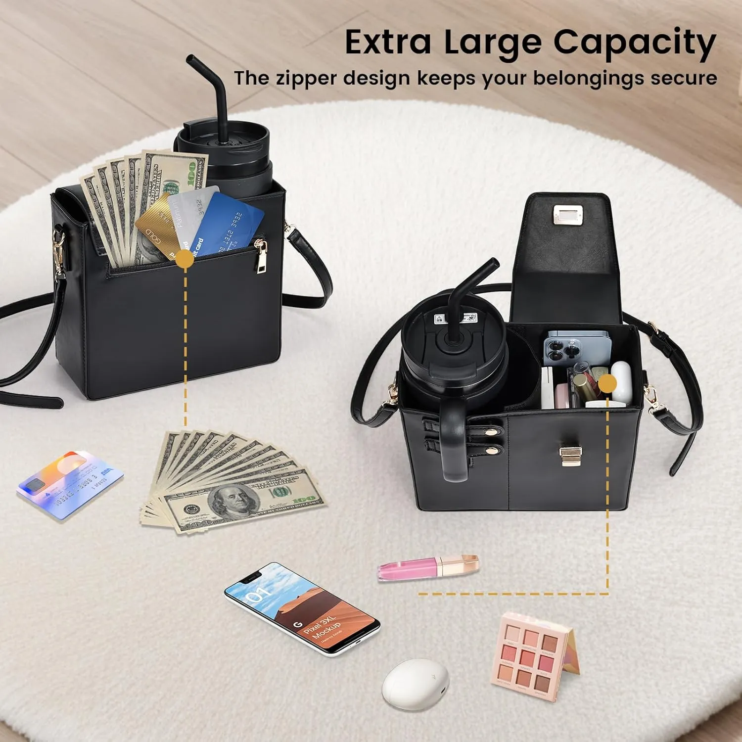 Costravio Outdoor Crossbody Bag Water Cup Storage Sports Bottle Holder Portable Crossbody PU Leather Case Tumbler Purse with Water Bottle Pocket Fits Most Bottles Cup Carrier Bag for Women