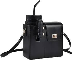 Costravio Outdoor Crossbody Bag Water Cup Storage Sports Bottle Holder Portable Crossbody PU Leather Case Tumbler Purse with Water Bottle Pocket Fits Most Bottles Cup Carrier Bag for Women