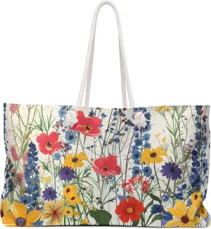 Cottage Core Weekender Bag, Wildflower Travel Tote, Floral Overnight Bag, Spring Weekend Duffel, Poppy Bluebell Daisy Design