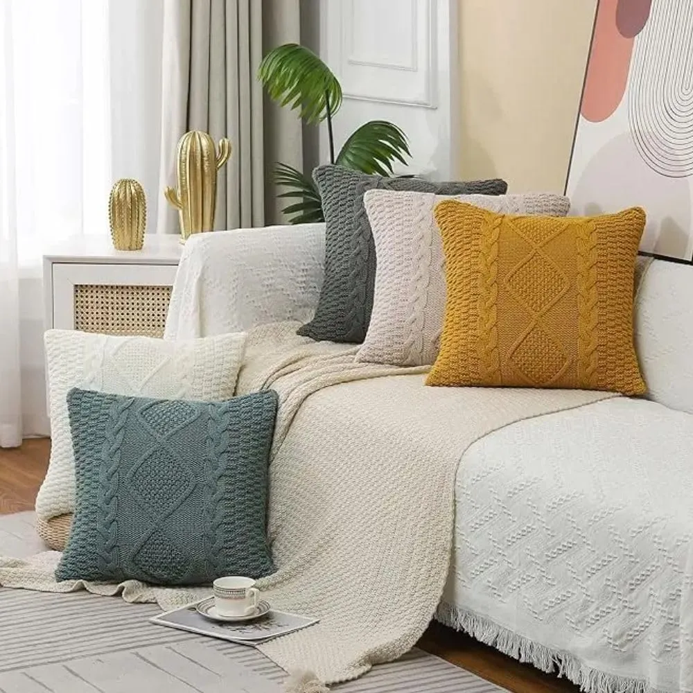 Cotton Cable Knit Pillow Covers,Cushion,Soft Decorative Double Side Knitted Throw Pillow Cover for Bed Car Couch Sweater Square Warm Pillowcase (Brown)