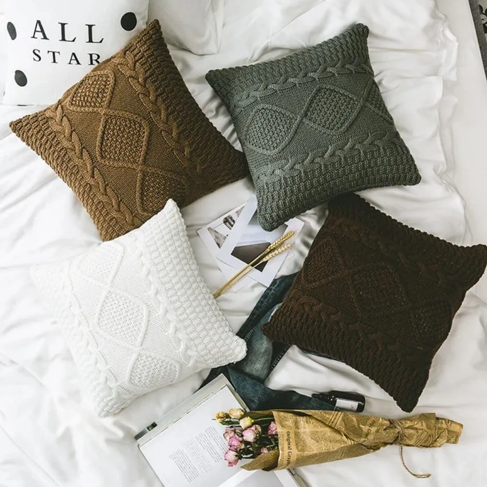 Cotton Cable Knit Pillow Covers,Cushion,Soft Decorative Double Side Knitted Throw Pillow Cover for Bed Car Couch Sweater Square Warm Pillowcase (Brown)