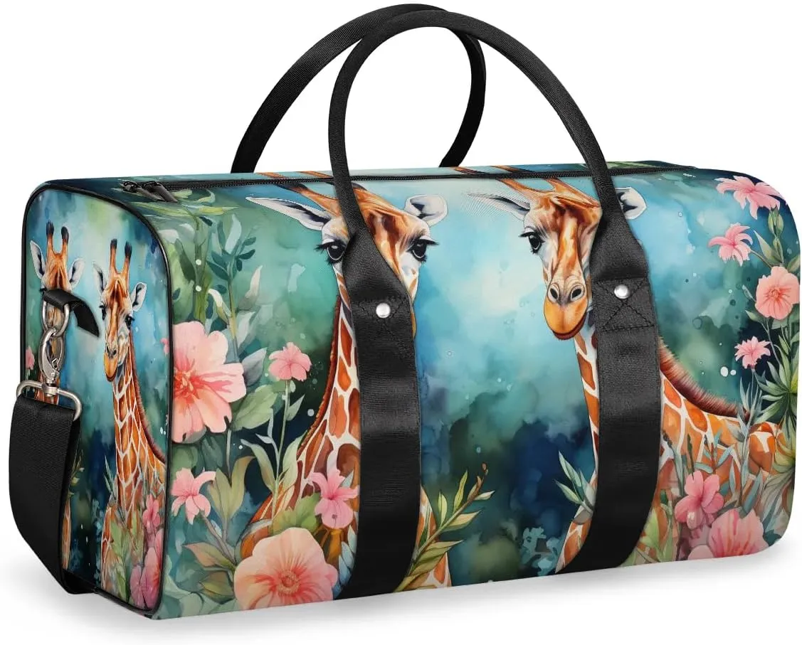 Couple Giraffes Travel Duffel Bag for Women Men Waterproof Foldable Overnight Weekender Bag Large Capacity Sports Gym Bag