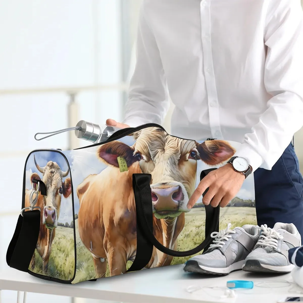 Cow Print Travel Duffel Bag for Women Men Waterproof Foldable Overnight Weekender Bag Large Capacity Sports Gym Bag