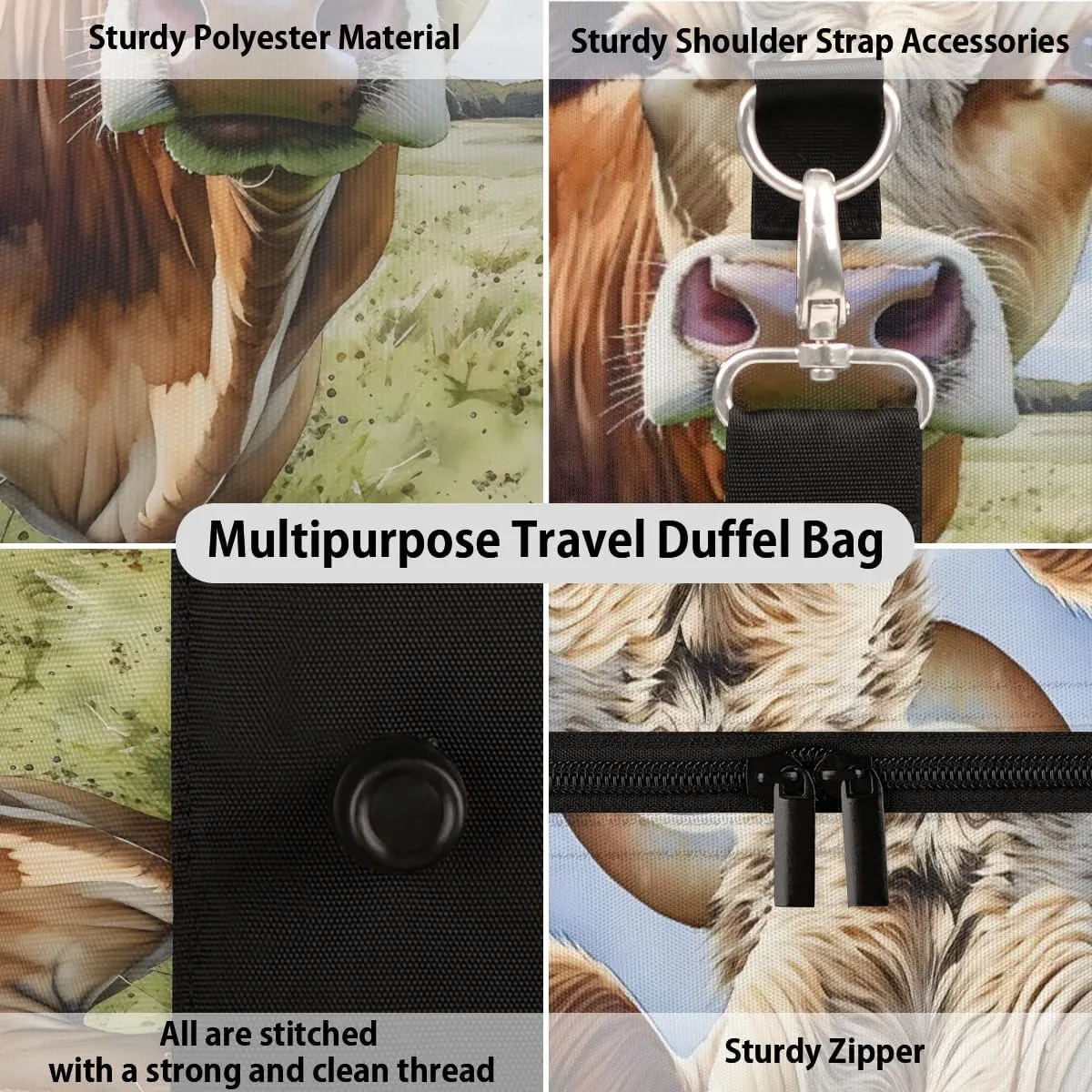 Cow Print Travel Duffel Bag for Women Men Waterproof Foldable Overnight Weekender Bag Large Capacity Sports Gym Bag