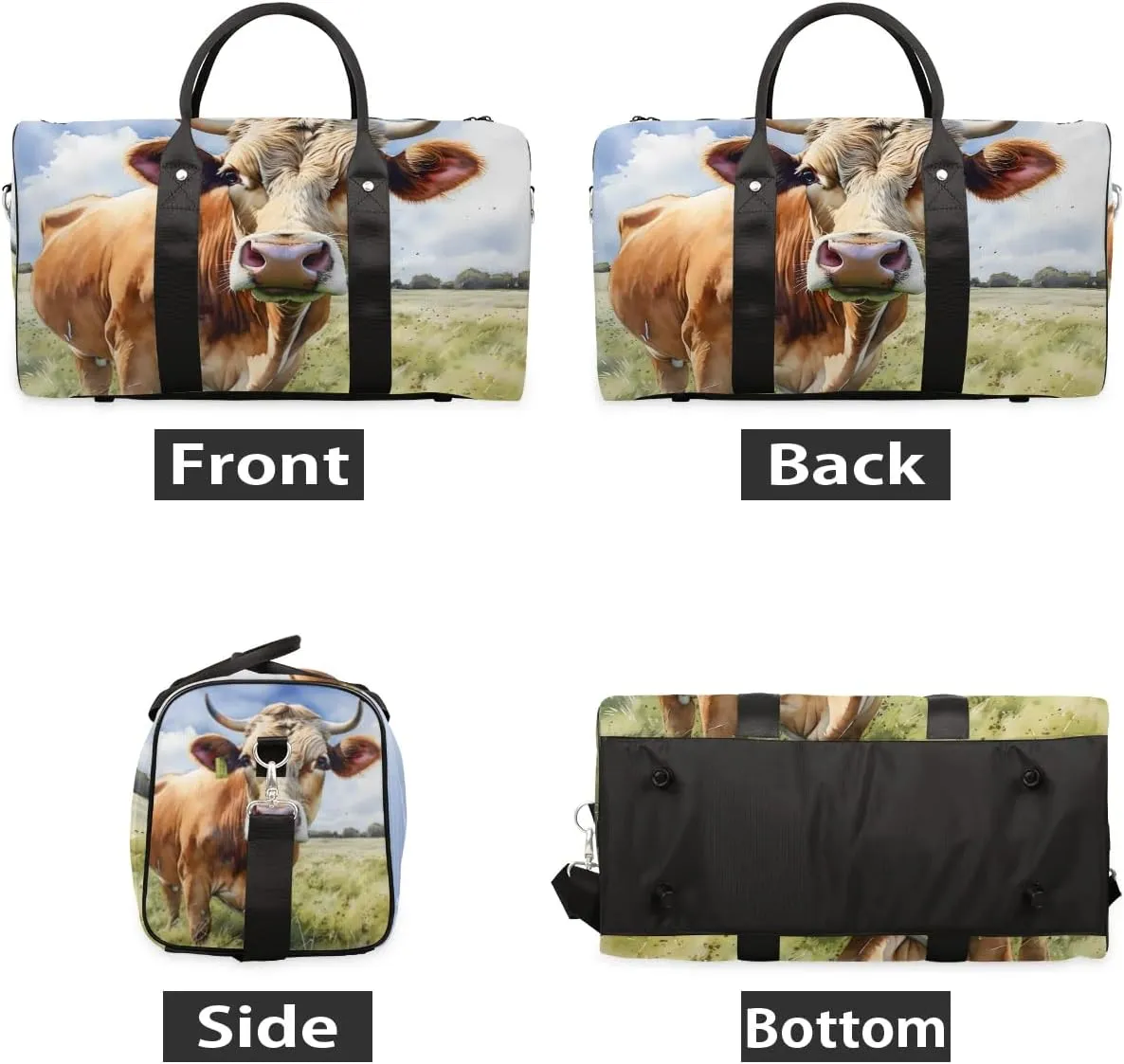 Cow Print Travel Duffel Bag for Women Men Waterproof Foldable Overnight Weekender Bag Large Capacity Sports Gym Bag