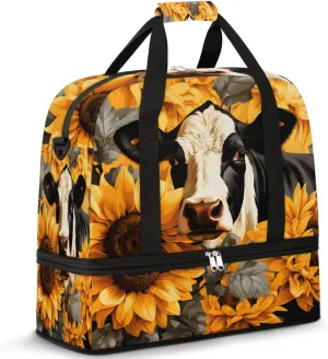 Cows Sunflowers Prints Foldable Travel Duffel Bag Overnight Weekender Bag with Shoes Compartment Sports Gym Bag for Men Women