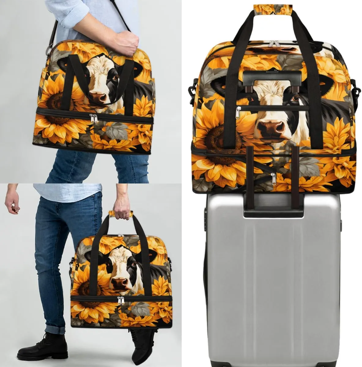 Cows Sunflowers Prints Foldable Travel Duffel Bag Overnight Weekender Bag with Shoes Compartment Sports Gym Bag for Men Women