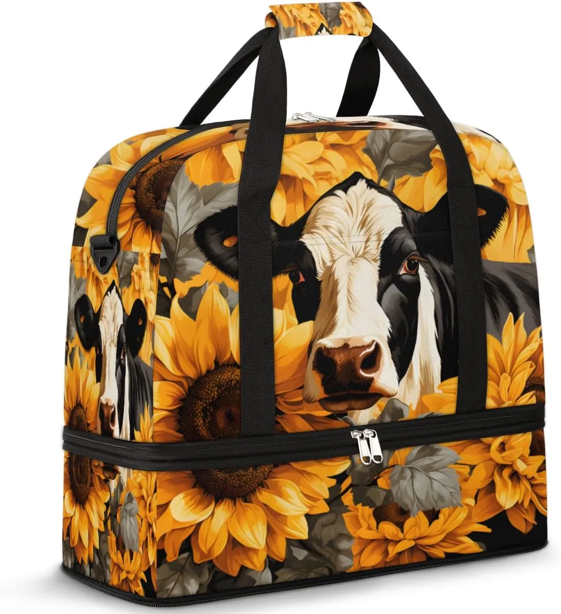 Cows Sunflowers Prints Foldable Travel Duffel Bag Overnight Weekender Bag with Shoes Compartment Sports Gym Bag for Men Women