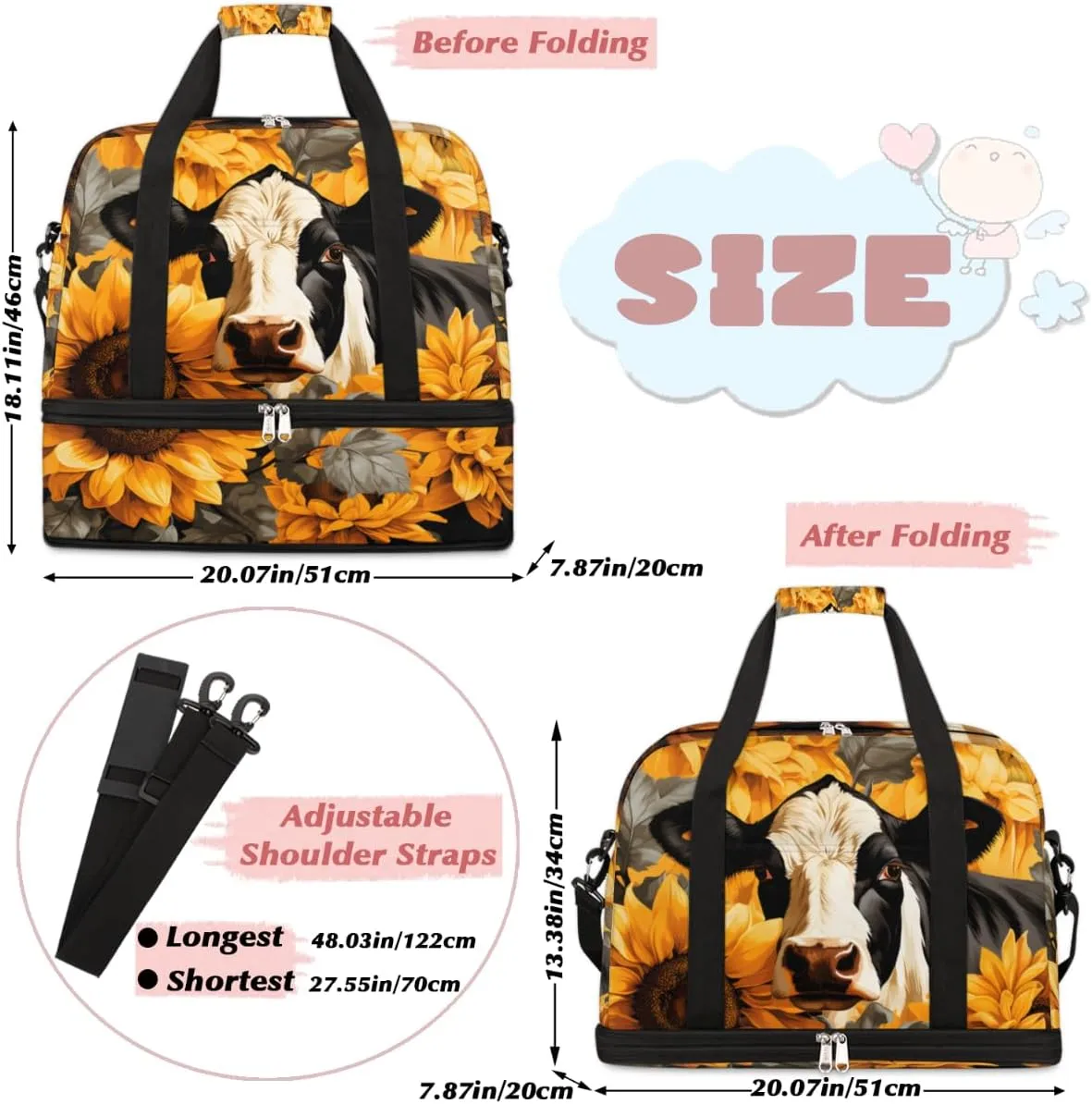 Cows Sunflowers Prints Foldable Travel Duffel Bag Overnight Weekender Bag with Shoes Compartment Sports Gym Bag for Men Women