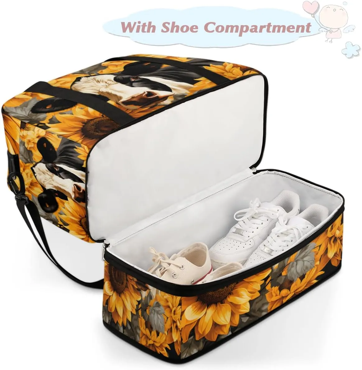 Cows Sunflowers Prints Foldable Travel Duffel Bag Overnight Weekender Bag with Shoes Compartment Sports Gym Bag for Men Women