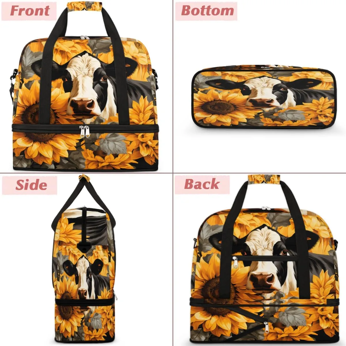 Cows Sunflowers Prints Foldable Travel Duffel Bag Overnight Weekender Bag with Shoes Compartment Sports Gym Bag for Men Women