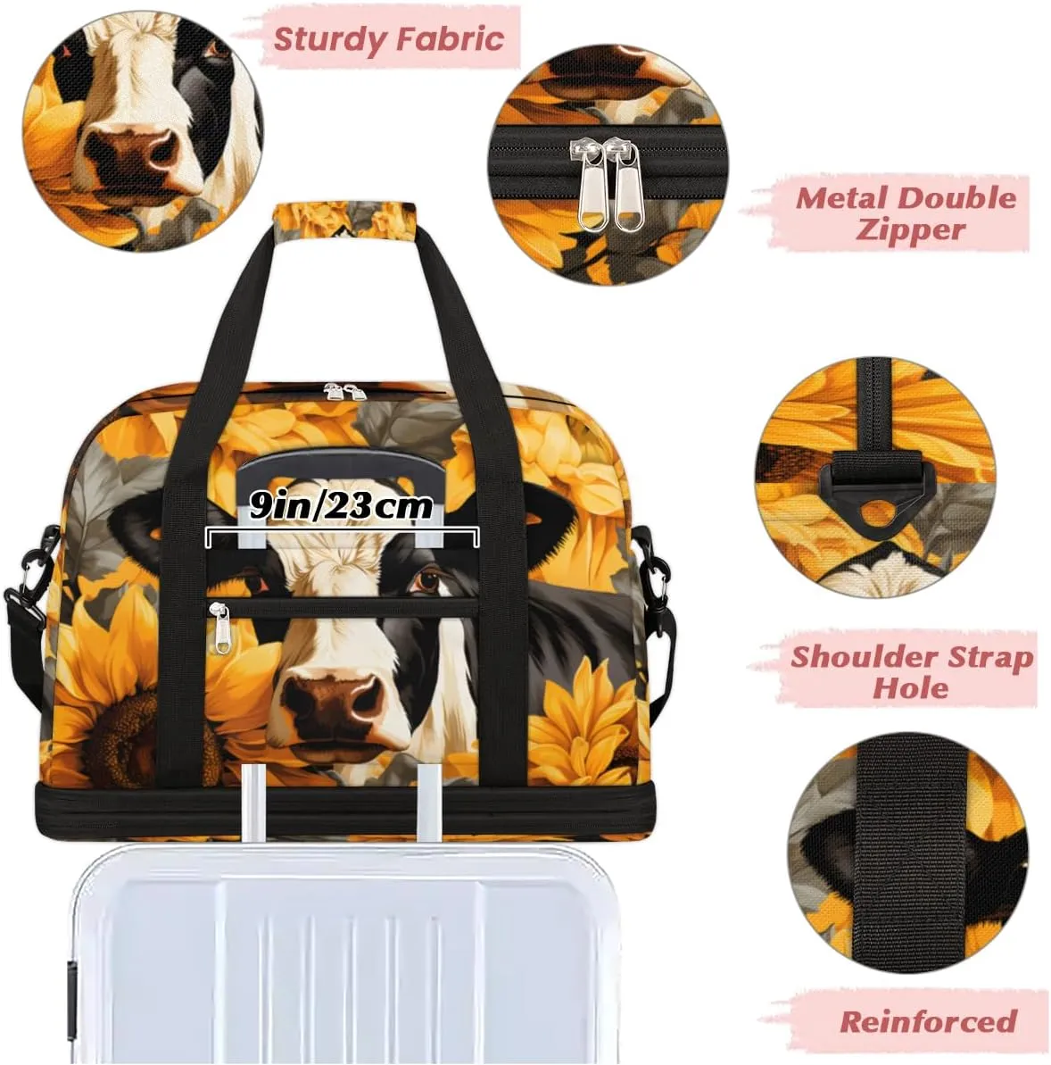 Cows Sunflowers Prints Foldable Travel Duffel Bag Overnight Weekender Bag with Shoes Compartment Sports Gym Bag for Men Women