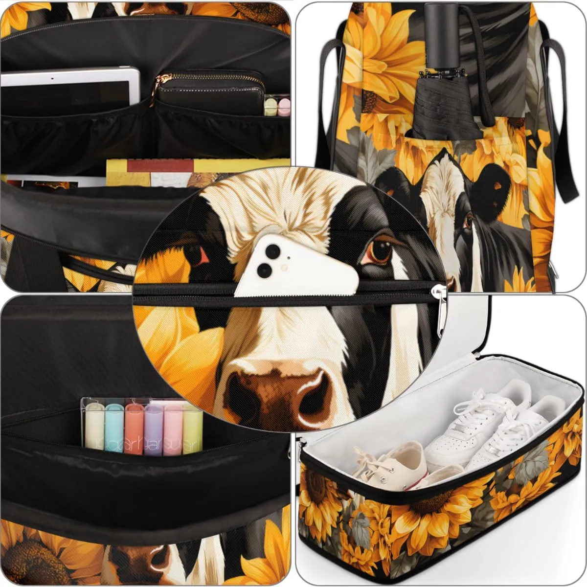 Cows Sunflowers Prints Foldable Travel Duffel Bag Overnight Weekender Bag with Shoes Compartment Sports Gym Bag for Men Women