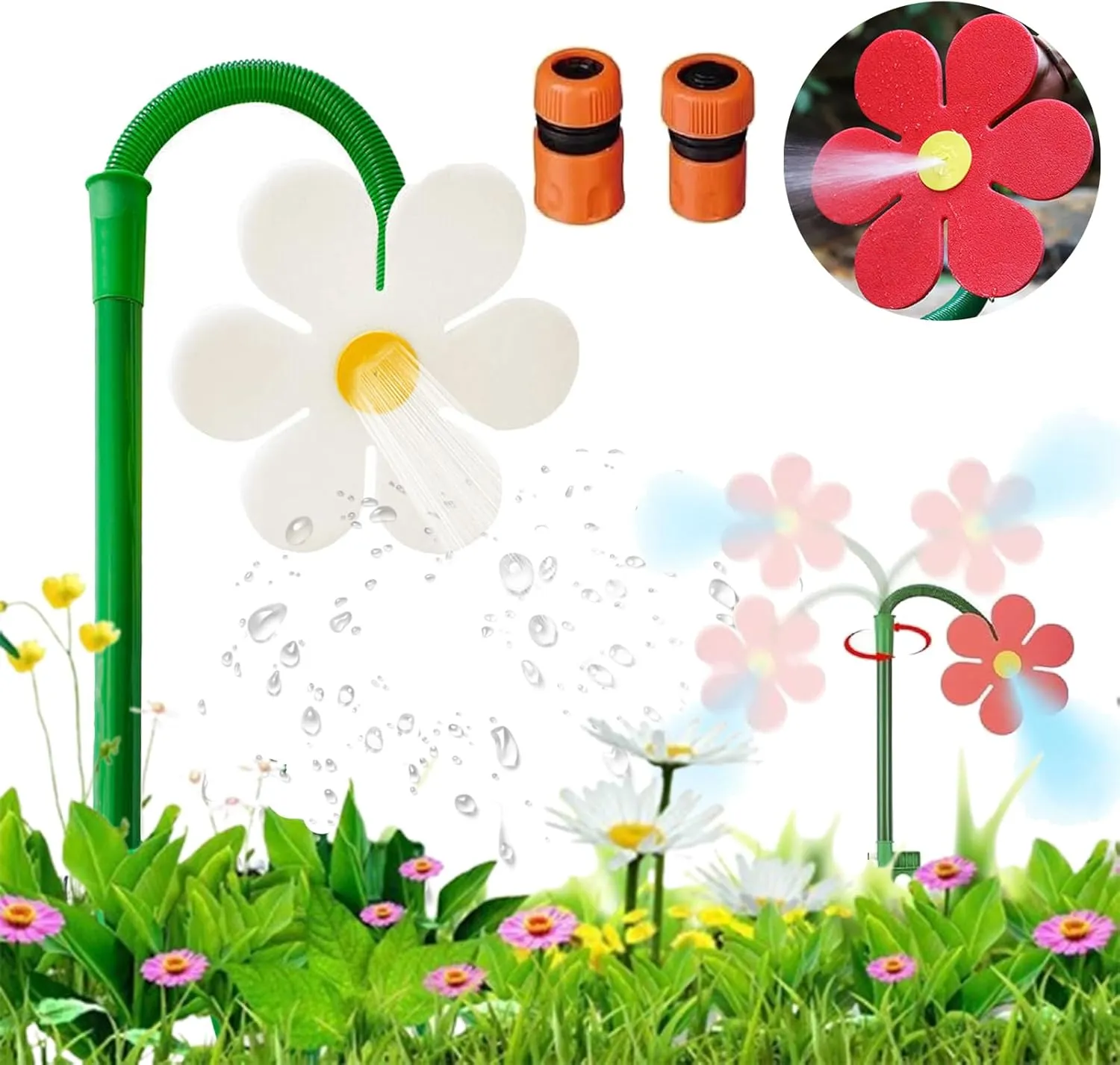 Crazy Daisy Sprinkler, Dancing Daisy Sprinkler, Funny Sun Flower Sprinklers Stake, 360° Rotating Moving Garden Irrigation Tool with Sturdy Plastic Base, for Yard, Lawn Watering (1PCS * White)