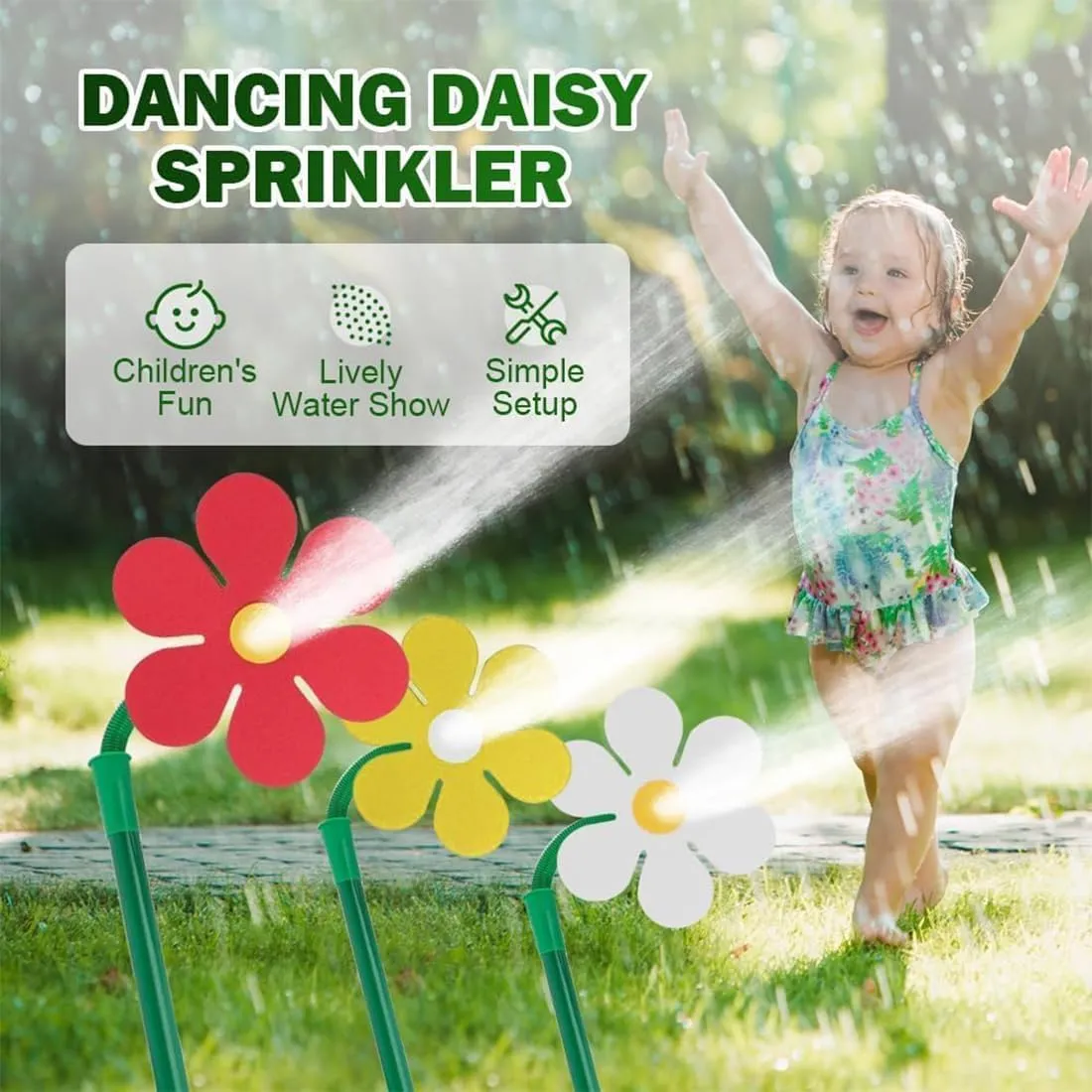 Crazy Daisy Sprinkler, Dancing Daisy Sprinkler, Funny Sun Flower Sprinklers Stake, 360° Rotating Moving Garden Irrigation Tool with Sturdy Plastic Base, for Yard, Lawn Watering (1PCS * White)