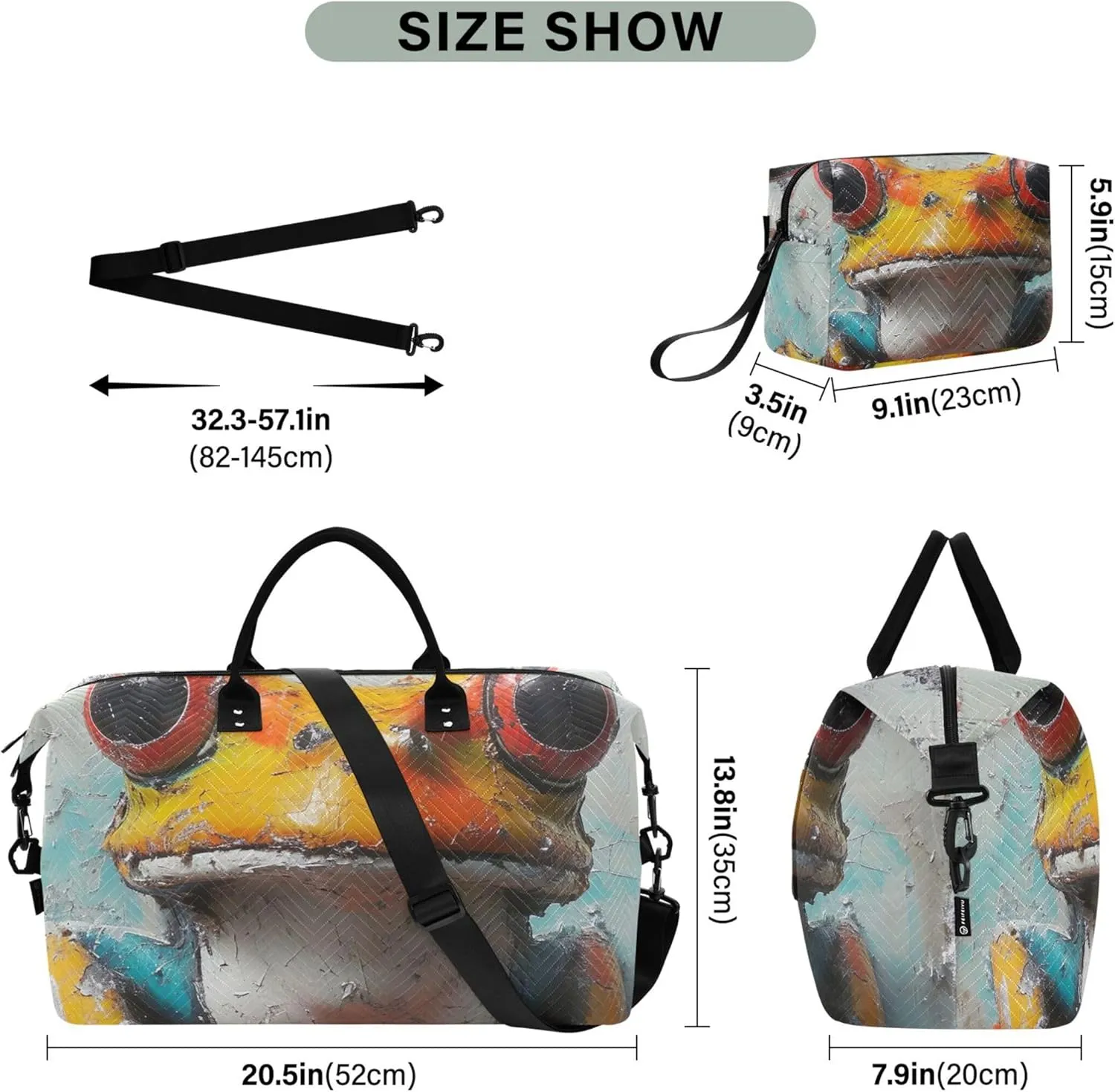 Crazy Frog with Big Eyes Duffel Bag for Travel Cosmetic Pouch Set of 2, Print Women Luggage Set Carry on Bags