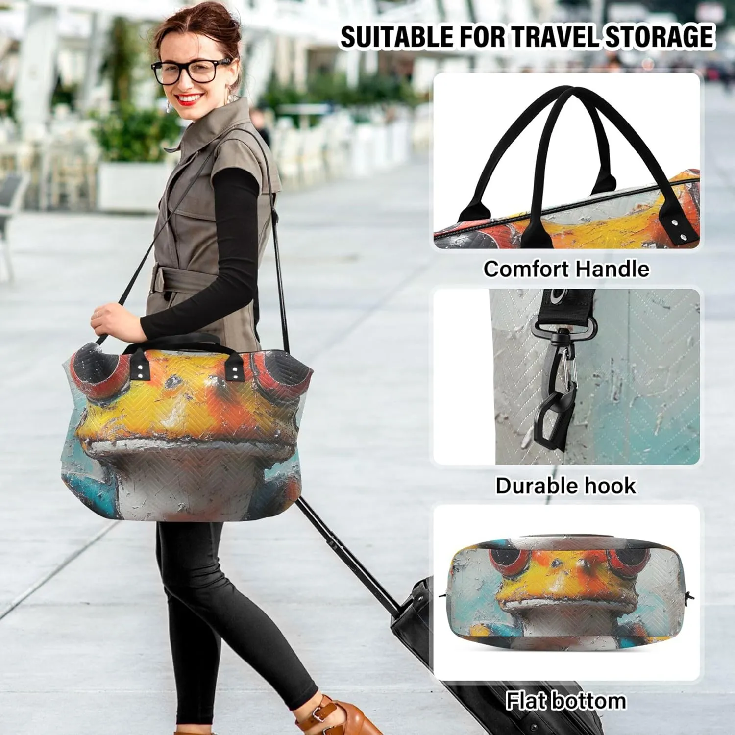 Crazy Frog with Big Eyes Duffel Bag for Travel Cosmetic Pouch Set of 2, Print Women Luggage Set Carry on Bags