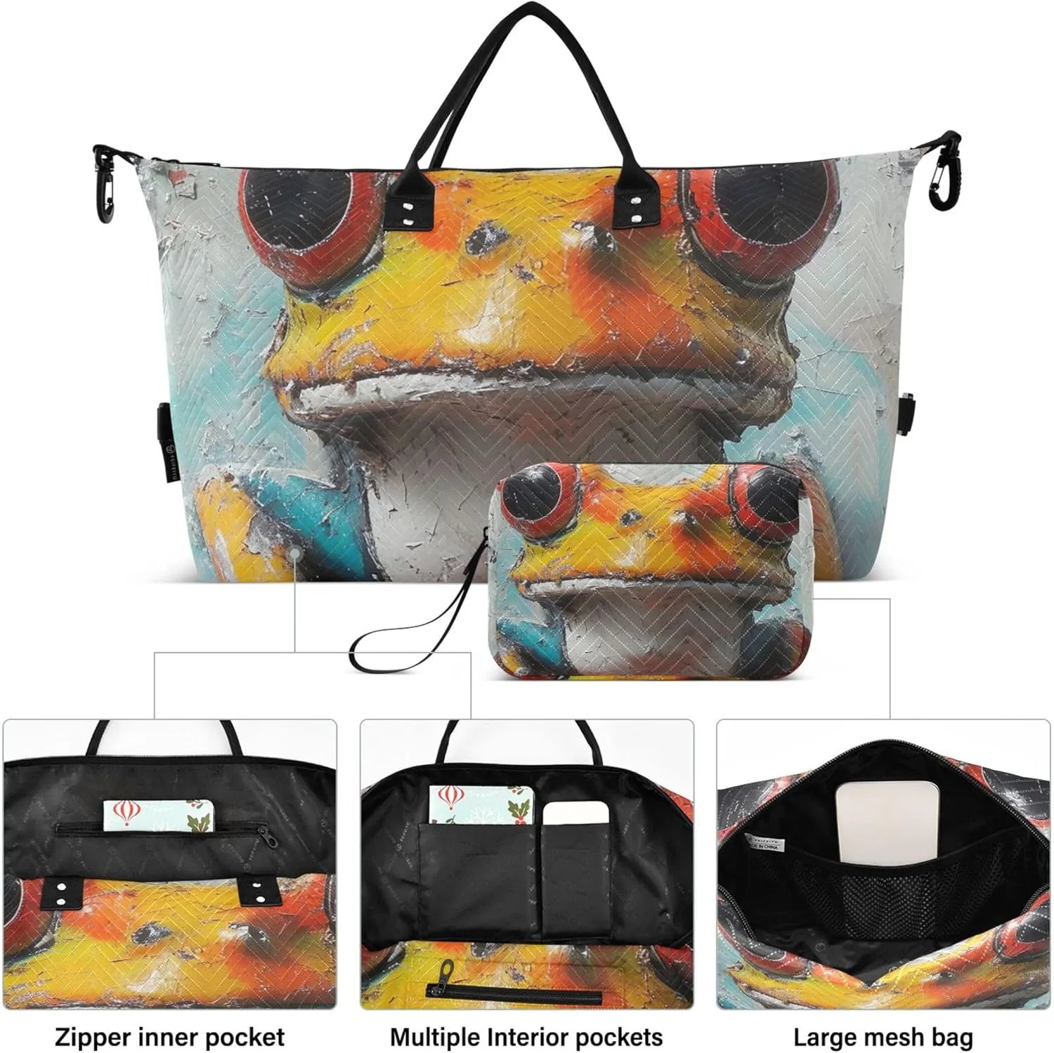 Crazy Frog with Big Eyes Duffel Bag for Travel Cosmetic Pouch Set of 2, Print Women Luggage Set Carry on Bags