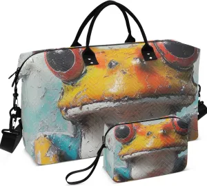 Crazy Frog with Big Eyes Duffel Bag for Travel Cosmetic Pouch Set of 2, Print Women Luggage Set Carry on Bags