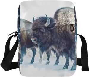 Crossbody Bag Purse Winter Bisons Print for Women Men, Small Shoulder Pouch with Adjustable Strap 6.6×2.5×9.4 IN
