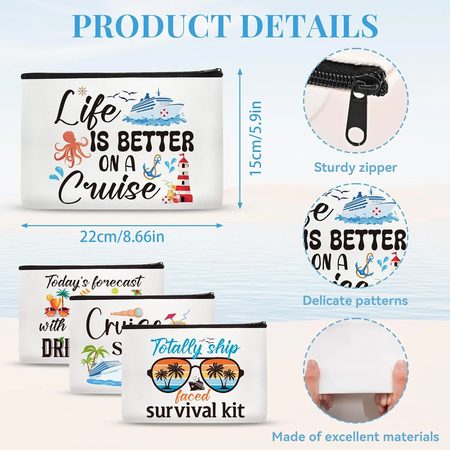 Cruise Ship Makeup Bag - 4Pcs Cruise Ship Essentials Survival Kit Canvas Cosmetic Bags Organizer Portable Beach Accessories with Zipper Pouch Travel Bags Cruise Gifts for Girls Women Sister